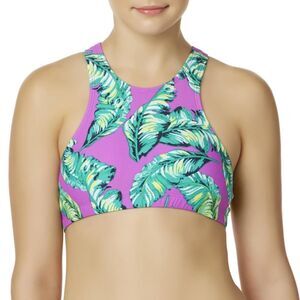 Bongo High Scoop Neck Racerback Purple Palm Leaves Bikini Top Swimsuit Medium‎
